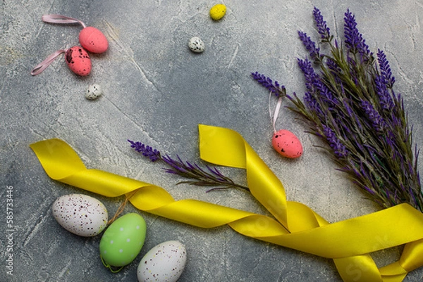 Fototapeta Easter decoration with eggs and lavender .