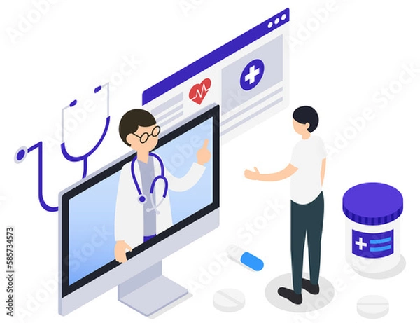 Fototapeta オンライン診療を受ける男性と男性医師のアイソメトリックイラスト