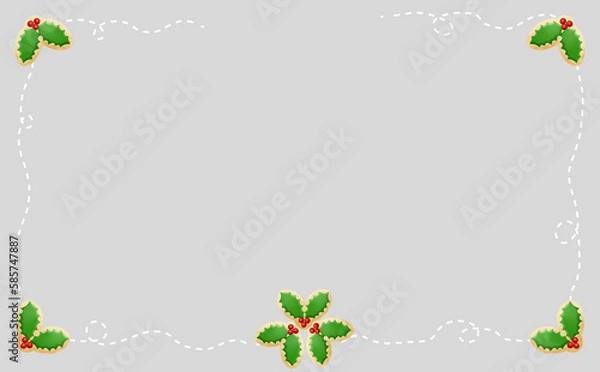 Obraz クリスマス☆ミシン目入りイラスト素材 柊アイシングクッキーのフレーム グレー背景 色違い・差分有