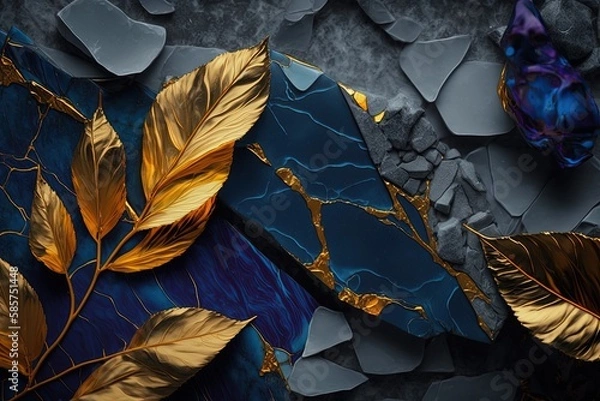 Fototapeta a blue and gold background with leaves and rocks, generative AI