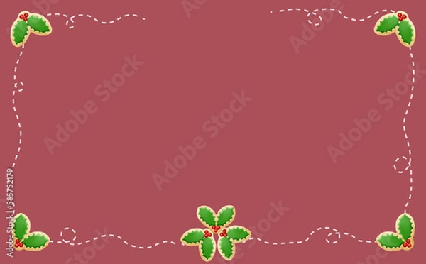 Fototapeta クリスマス☆ミシン目入りイラスト素材 柊アイシングクッキーのフレーム レッド背景 色違い・差分有