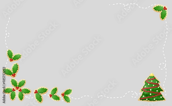 Obraz クリスマス☆イラスト素材 柊とツリーとのアイシングクッキー・ミシン目入り グレー背景 色違い・差分有