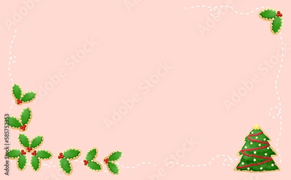 Obraz クリスマス☆イラスト素材 柊とツリーとのアイシングクッキー・ミシン目入り ピンク背景 色違い・差分有