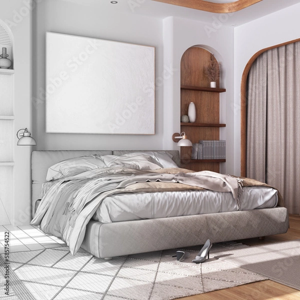Fototapeta Architect interior designer concept: hand-drawn draft unfinished project that becomes real, classic wooden bedroom with master bed and parquet floor. Farmhouse style