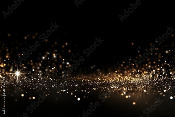 Fototapeta Beautiful black abstract background with sparkles and copy space. Backdrop with golden glitter, sequins. Celebration, festive, event. Bokeh effect. Trendy design. Generative AI.