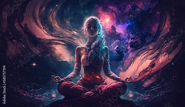 Fototapeta Woman sitting in yoga lotus pose and her connection to space. Postproducted generative AI digital illustration.