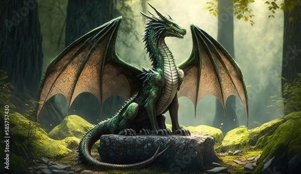 Obraz Forest dragon with wings sitting on stone in green woods. Postproducted generative AI digital illustration.