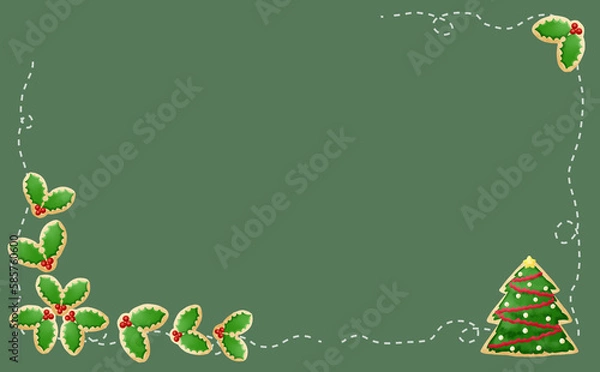 Fototapeta クリスマス☆イラスト素材 柊とツリーとのアイシングクッキー・ミシン目入り グリーン背景 色違い・差分有