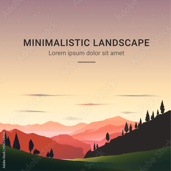 Fototapeta Minimalistic vector landscape with silhouettes of mountains and trees at sunset. Illustration for website or print. 
