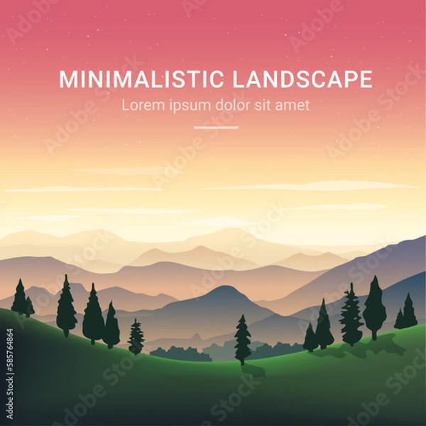 Obraz Minimalistic vector landscape with silhouettes of mountains and trees at sunset. Illustration for website or print. 