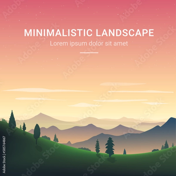 Fototapeta Minimalistic vector landscape with silhouettes of mountains and trees at sunset. Illustration for website or print. 