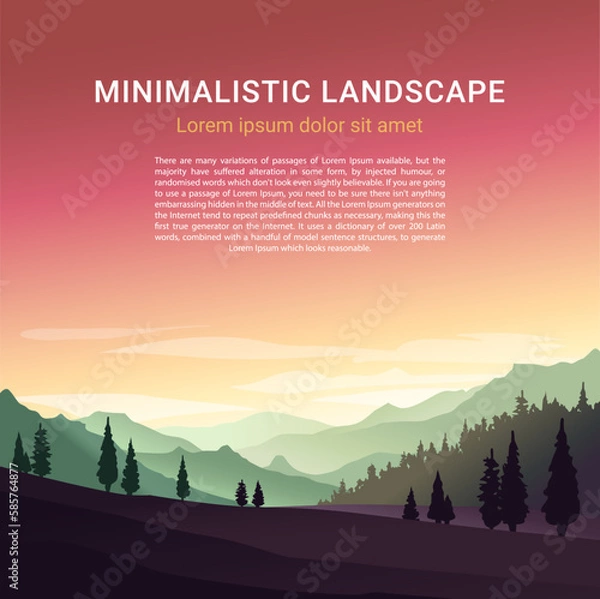 Obraz Minimalistic vector landscape with silhouettes of mountains and trees at sunset. Illustration for website or print. 