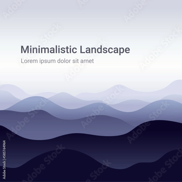 Fototapeta Minimalistic vector monochrome landscape with silhouettes of mountains and hills. Illustration for website or print.
