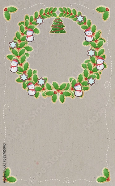 Fototapeta クリスマス☆ミシン目入り縦型イラスト素材 アイシングクッキーのリース ビンテージグレー背景 差分有
