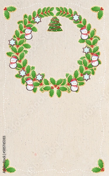 Obraz クリスマス☆ミシン目入り縦型イラスト素材 アイシングクッキーのリース ビンテージ背景 差分有