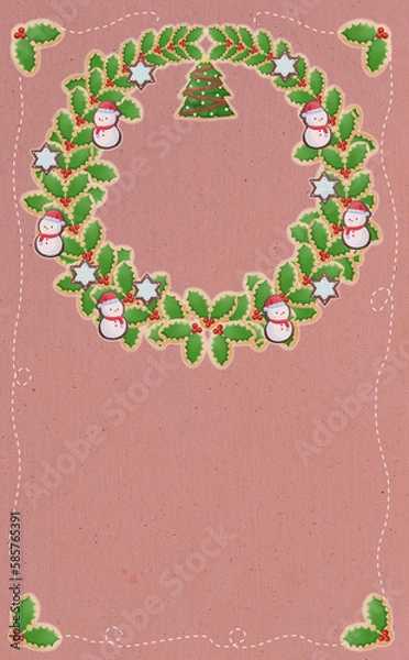 Obraz クリスマス☆ミシン目入り縦型イラスト素材 アイシングクッキーのリース ビンテージレッド背景 差分有