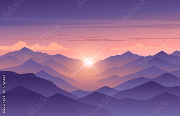 Obraz Minimalistic vector landscape with silhouettes of mountains and trees at sunset. Illustration for website or print. 