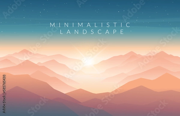 Obraz Minimalistic vector landscape with silhouettes of mountains and trees at sunset. Illustration for website or print. 