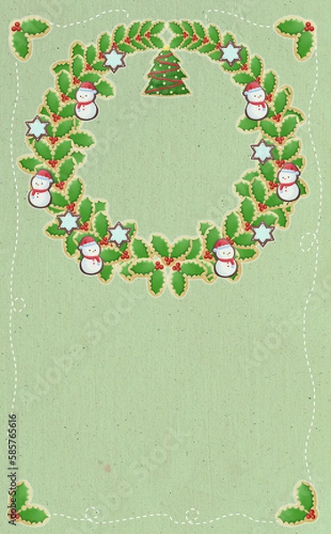 Obraz クリスマス☆ミシン目入り縦型イラスト素材 アイシングクッキーのリース ビンテージグリーン背景 差分有