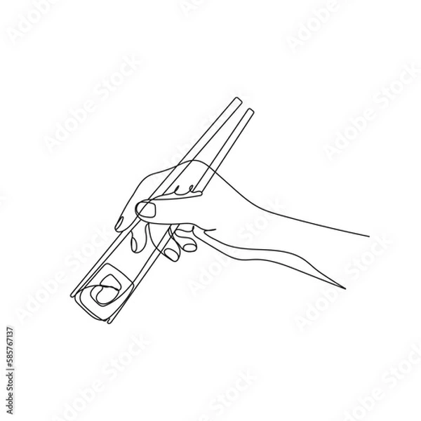 Obraz Hand holding chopstick to eat sushi roll. One line art. Hand drawn vector illustration.