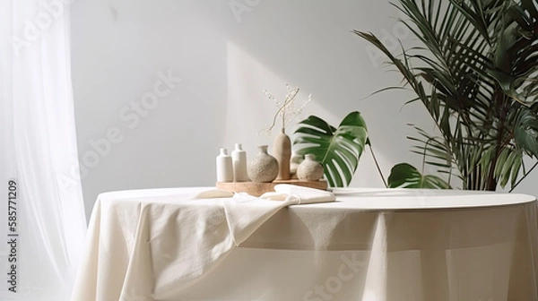 Fototapeta Luxury Skincare Display: Soft Beige Cotton Tablecloth with Tropical Dracaena Tree Created Using Generative AI