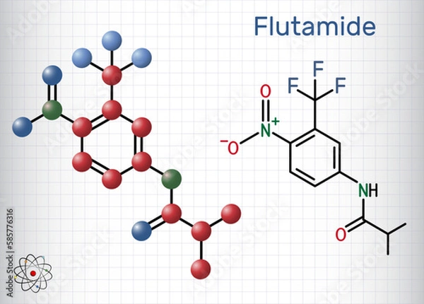 Fototapeta Flutamide molecule. It is is antiandrogen used for locally confined stage B2-C and D-2 metastatic prostate carcinoma. Structural formula, molecule model. Sheet of paper in a cage.
