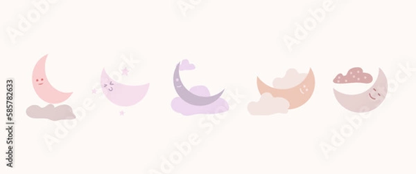 Obraz set of cute moon vector illustration and aesthetic, simple, abstract. pastel moon combination star and clouds for decoration room