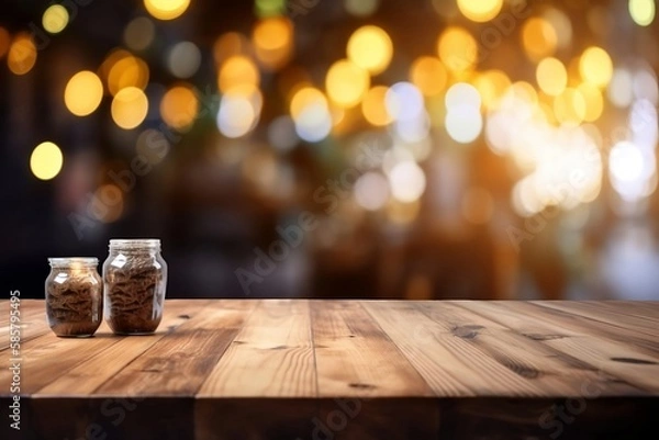 Fototapeta Empty Wooden Table with Blurred Restaurant Bokeh Background for product or your coffee