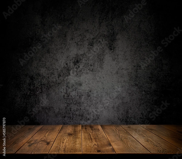 Fototapeta  An empty wooden countertop against a black, dark concrete wall. Home interior. Evening, dim light. Space for text. Copy space