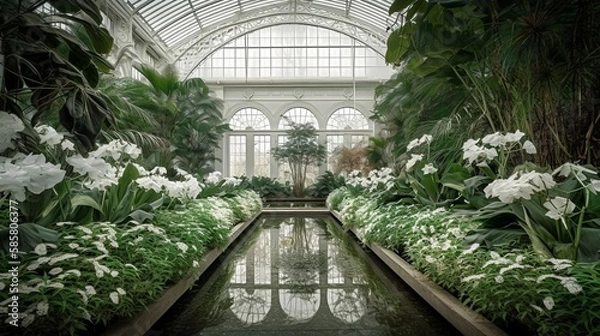 Fototapeta A serene white botanical garden interior featuring calming water elements, created by AI.