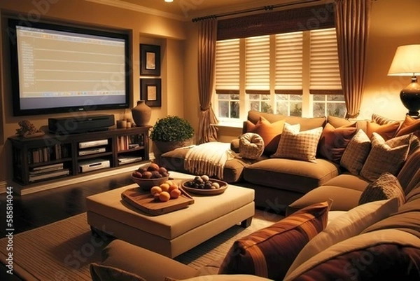 Fototapeta A warm and inviting family room with a large fireplace and a plush sectional sofa. Generative Ai.