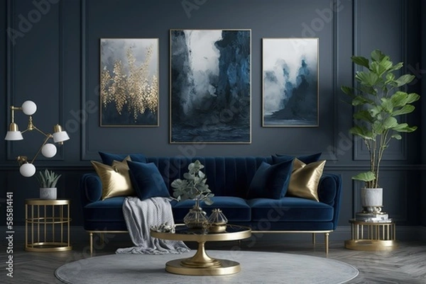 Fototapeta An elegant navy blue sofa in the middle of a bright living room interior with gold metal side tables and three paintings on a gray wall. Real photo. Generative Ai.