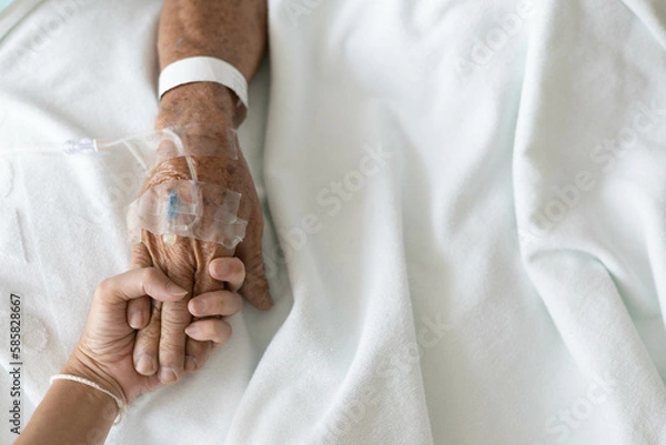 Fototapeta inpatient hand holding from relative or family, palm of an old man clasp his family member for energy support while stay in hospital for modern and high technology medical treatment by skillful doctor