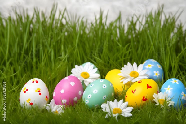 Fototapeta colorful easter eggs in the grass with daisies