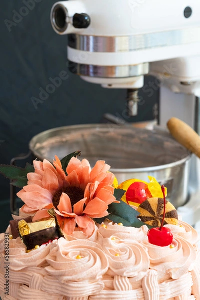 Obraz Basket-shaped cake with sweets, cookies and flowers,Easter marks the end of Holy Week