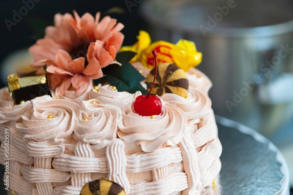 Obraz Basket-shaped cake with sweets, cookies and flowers,Easter marks the end of Holy Week