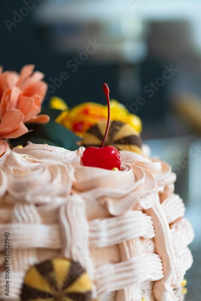 Obraz Basket-shaped cake with sweets, cookies and flowers,Easter marks the end of Holy Week