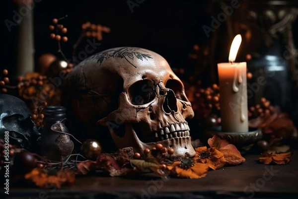Obraz Decorative Skull with candles and dry autumn leaves. Halloween decoration of a witch house. Wallpaper, poster created with Generative AI