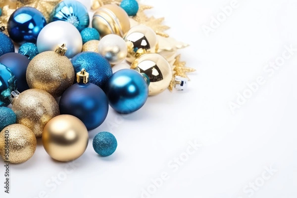 Fototapeta Christmas festive gold and blue ornament decoration on white background. Generative AI