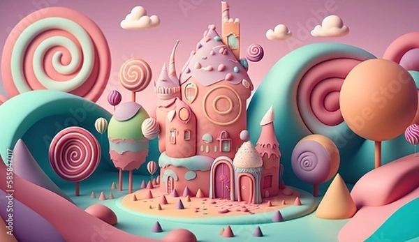 Fototapeta Fantasy illustration of a small pastel-colored Candyland. Created using generative AI tools
