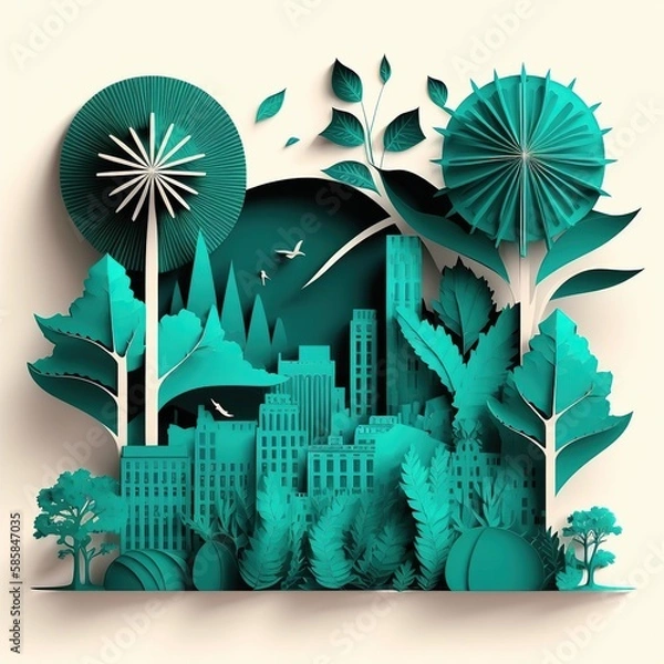 Fototapeta Illustration of Turquoise leaf image in the paper art. Created using generative AI tools