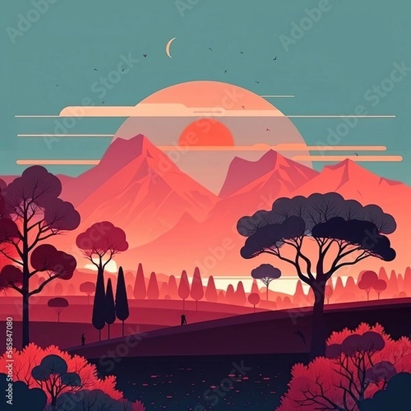 Fototapeta Minimalistic flat design landscape illustration. Created using generative AI tools