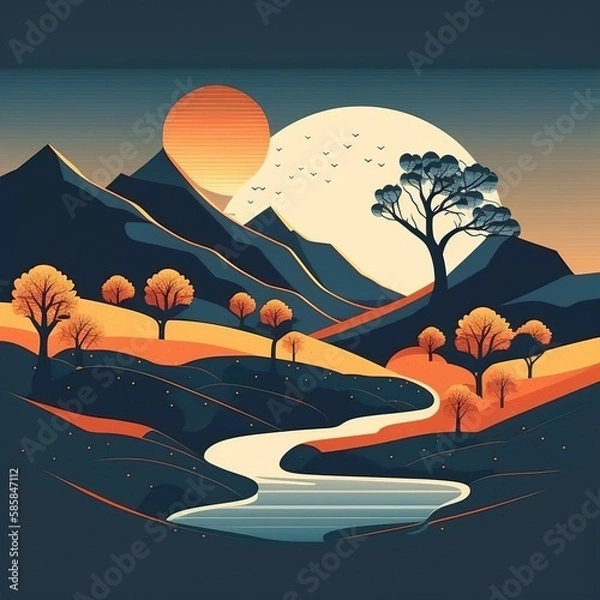 Fototapeta Minimalistic flat design landscape illustration. Created using generative AI tools