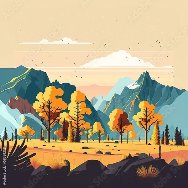 Fototapeta Minimalistic flat design landscape illustration. Created using generative AI tools