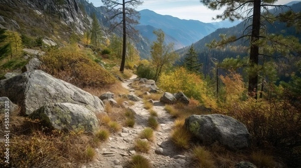 Fototapeta hiking path on a rugged moutain trail with sweeping views