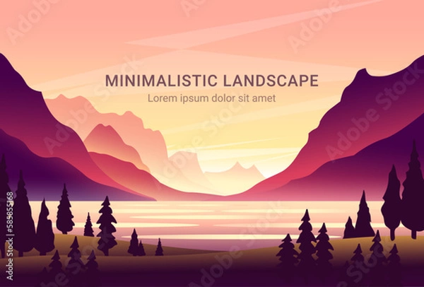 Fototapeta Minimalistic vector landscape with silhouettes of mountains and trees at sunset. Illustration for website or print. 