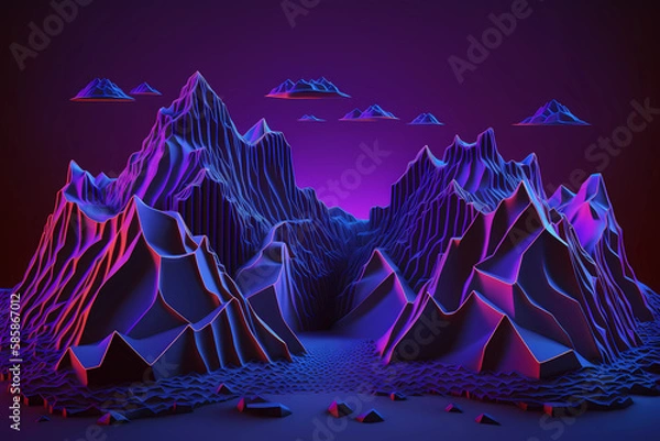 Obraz Abstrakter violetter Hintergrund mit fliegende Felsen der virtuellen Realität, Cyberspace-landschaft mit unwirklichen bergen. Neon-Drahtmodell-Gelände