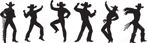 Fototapeta Vector silhouettes of dancing cowboys. Cheerful guys dance in a line