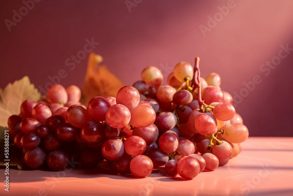 Fototapeta tasty and juicy red grapes, vine isolated on a light purple background, created with generative ai
