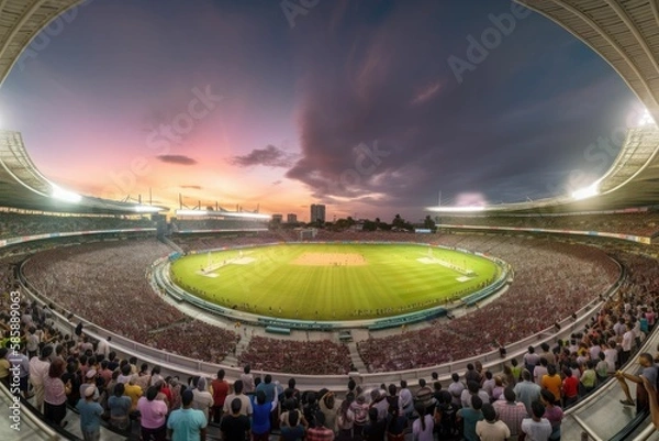 Fototapeta A panoramic shot of a packed cricket stadium. Generative AI.